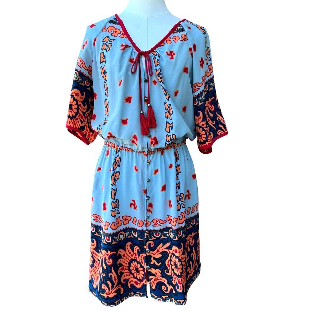 Silk Boho Tassel Dress by Tracy Reese | Blue Orange Paisley Peasant Size Small - Picture 2 of 10